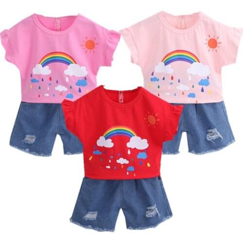 Cute Kids Suit Baby Girls Clothes Sets Summer Toddler T-shirt Tops+ jeans Shorts 2pcs Outfits Casual Childrens Clothing 1-4Year