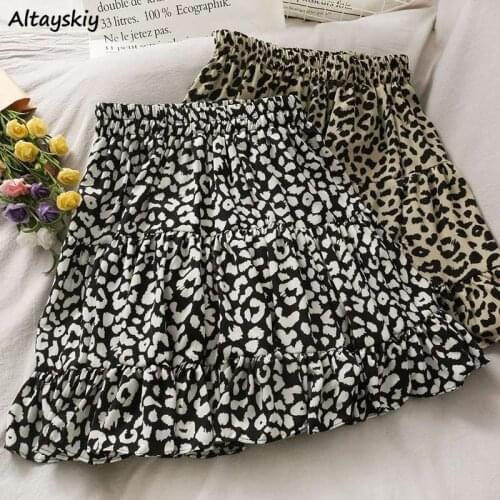 Mini Skirt Women Vintage Leopard Drape Ruffles Elastic Waist Leisure Retro Femme Sexy Stylish Ulzzang Loose All-match Streetwear