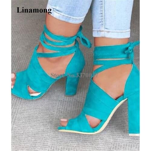 Western Style Women Fashion Peep Toe Suede Leather Bandage Chunky Heel Sandals Lace-up Strap Cross High Heel Sandals Dress Heels