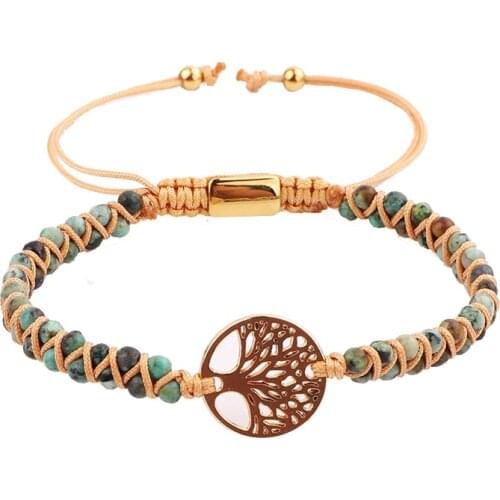 Fashion Small Stone Bracelet Zinc Alloy Life Tree Braided Handmade Macrame Beaded Friendship Bracelet Women Men Jewelry Gift