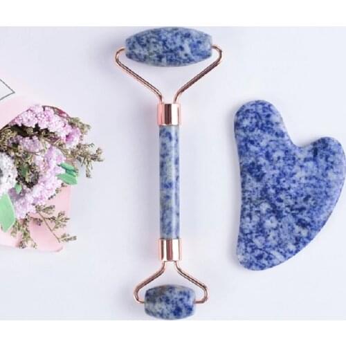 Natural Sodalite Roller Guasha Massage Set Crystal Acupuntura SPA Therapy Back Head Foot Scraper Face Lift Stone Jade Massager