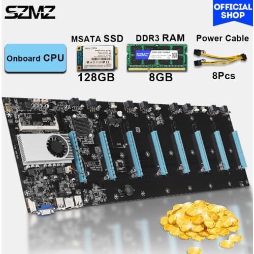SZMZ 8 GPU Mining Motherboard Set with CPU 128GB MSATA SSD and 8GB Memory DDR3 Sodimm Motherboard Kit Bitcoin Mining Combo Eth