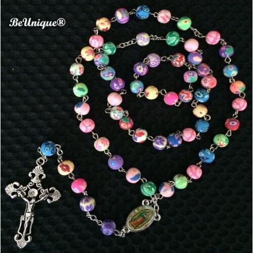 2017 New Colorful Polymer clay beads rosary pendant Cross & Virgin Mary centrepieces Christian Catholic necklace Religious Goods