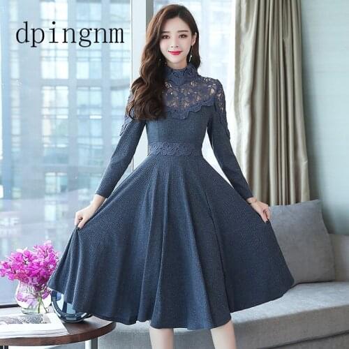 2018 autumn and winter new high collar lace midi dress