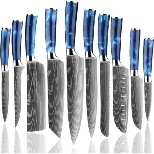 Damascus Pattern Stainless Steel 7CR17 Blue Resin Handle Chefs Knife Cleaver Slicing Kitchen Accessories Utility Knives tool