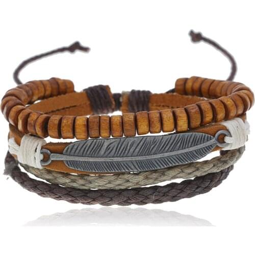 Feather Wood Beads Multilayer Vintage Punk Handmade Weave Women Leather Men Bracelets Female Male Jewelry Wholesale