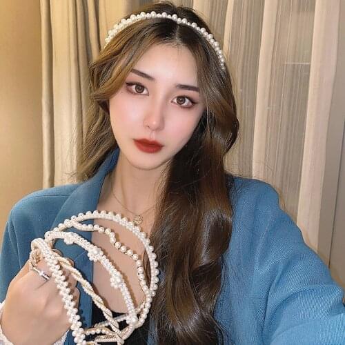 Origin Summer Korean Trendy Simulation Pearl Hair Band for Women Femme French Vintage Asymmetric Beaded Fairy Hair Accessories