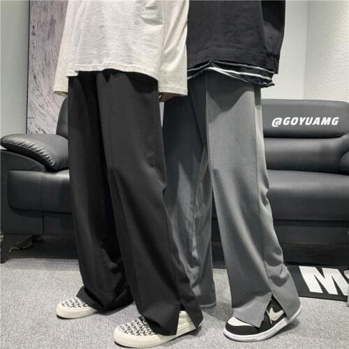 Privathinker Solid Color Front-Slit Pants Loose Korean Style Male Suit Trousers Casual Harajuku Fashion Straight Mens Pants