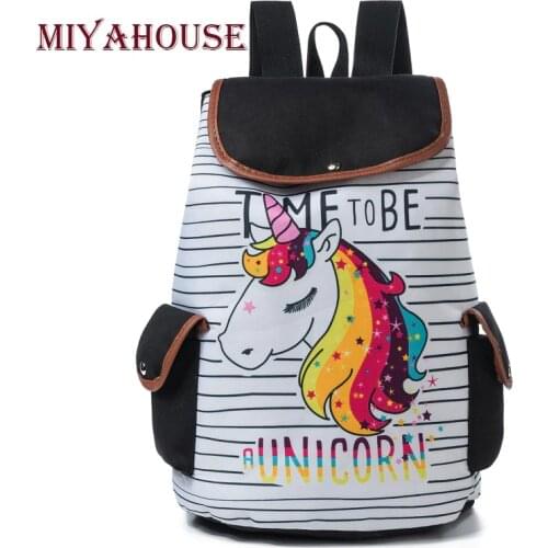 Miyahouse Cartoon Unicorn Printed School Backpack For Teenager Drawstring Deisgn Female Travel Rucksack Canvas Backpack Lady