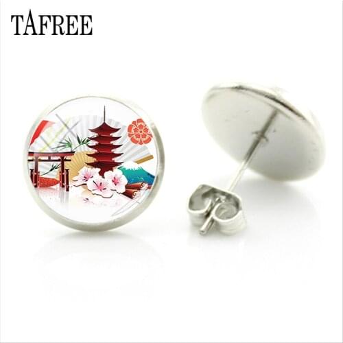 TAFREE Japanese Landscape Symbol Studs Earrings Fashion Glass Dome Earrings For Women Female Gift Jewelry JP36
