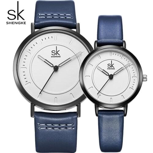 SHENGKE Lovers' Analog Quartz Watches Women Dress Wristwatches 2018 New Style Men Blue Leather Strap Fashion Watch Birthday Gift