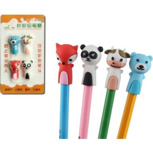 Four Colors Mixed Set Pupils Cartoon Silicone Pencil Cap Pencil Topper Protection Anti-rolling Pencil Extender Pencil Feeder
