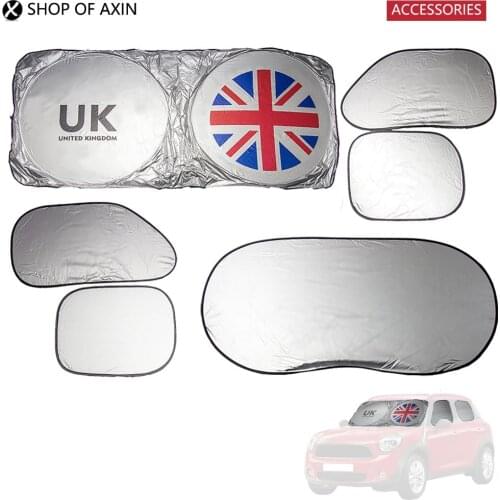 Car Sunshade Front Windshield Rear and Side Windows (1sets 6 pieces, Union Jack , Silver Finish) For Mini Cooper