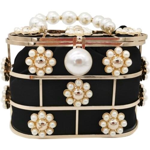 Synthetic Pearl Top-Handle Women Metal Bucket Bag Crystal Evening Purses and Clutches Formal Wedding Handbags