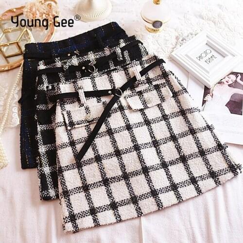YoungGee Vintage Autumn Crystal Button Fringe Tweed Plaid Mini Skirt Women 2019 Fashion A Line Back Zipper Ladies Casual Skirts