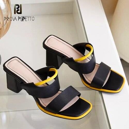 Leather square toe yellow black color matching summer French open-toed thick heel high heel sandals and slippers women