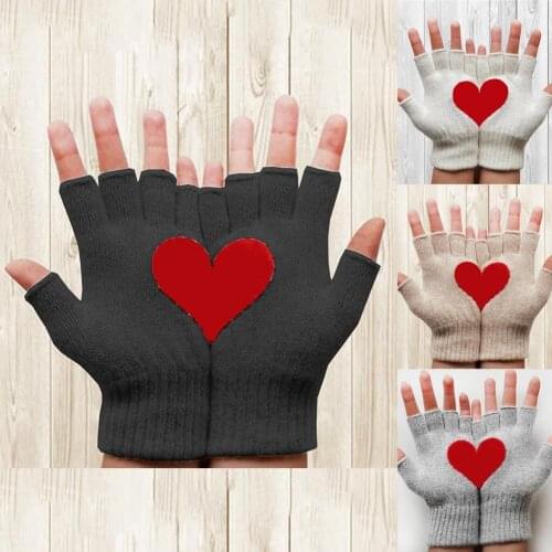 Women Woolen Cartoon Heart Printing Mittens Outdoor Coldproof Half-finger Gloves