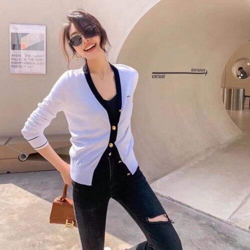 Women Cardigan Spring Summer Autumn Thin Solid Long Sleeve V-Neck Loose Elegant Casual High Street Chic CE