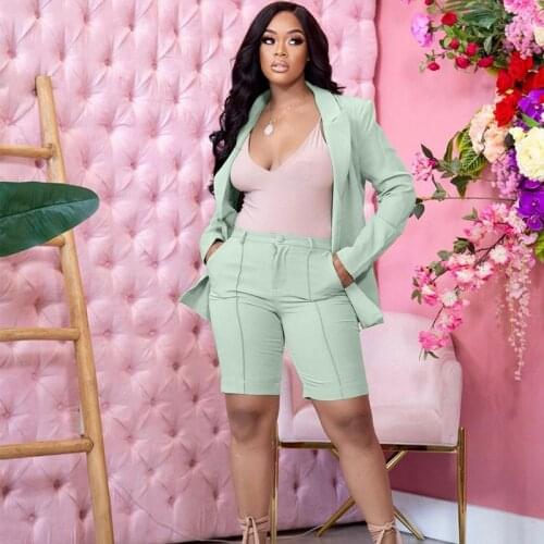 Women Solid Color Uniform Two Piece Set Summer Turn-down Collar Single Button Blazer And Knee Length Pants Office Lady Outfit