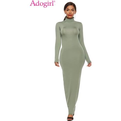 Adogirl S-5XL Solid Slim Bodycon Maxi Dress Turtleneck Long Sleeve Sheath Long Casual Dresses Plus Size Women Clothing Vestidos