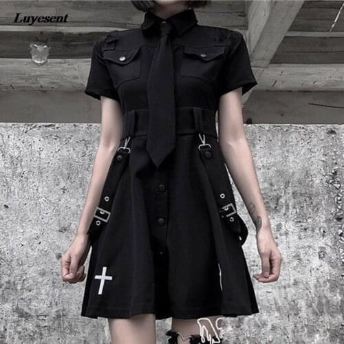 Dark Gothic Women Cargo Dress 2021 Lady Adjustable Buck Strap Cross Printed Punk Empire Cool Streetwear Mini Tie Shirt Dresses