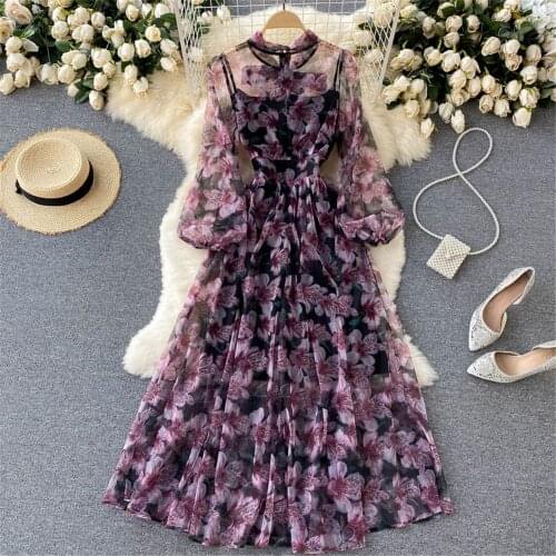 Women Floral Chiffon Autumn Maxi Dress 2021 Elegant Beach Long Dresses Fashion Long Sleeve Vestidos Female Clothing 2021 Atopos