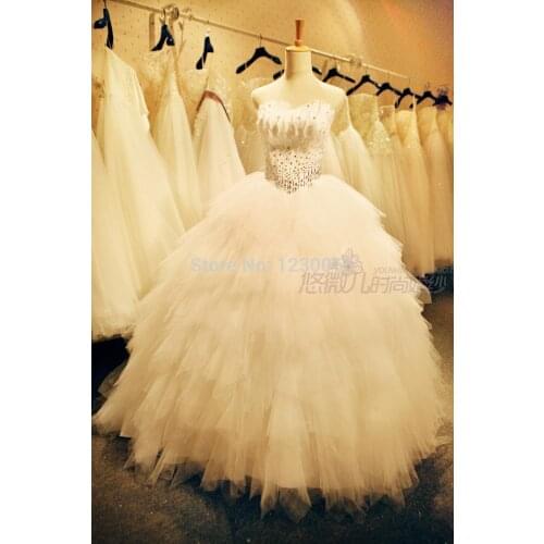 Free shipping sexy romantic crystal 2016 casamento feathers sweetheart vestido de noiva renda ball Bridal Gown wedding dress