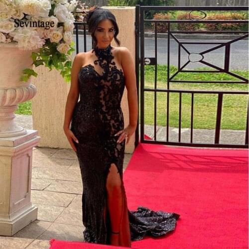 Sevintage Newest Black Halter Mermaid Evening Dresses Side Split Lace Sequined Women Prom Gowns Sweep Train Red Carpet Dress