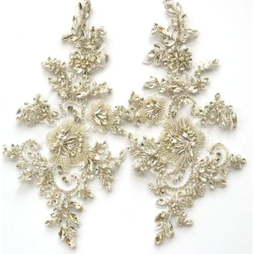 1pair Luxury Glass Rhinestone embroidered lace appliques for wedding dresses Beads lace applique patches Embroidery parches ropa