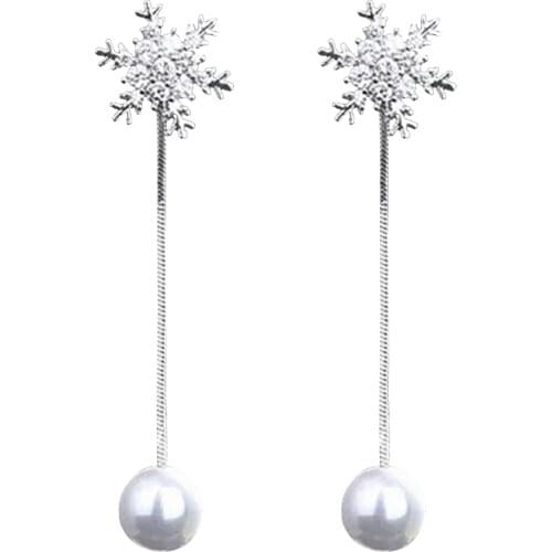 2020 Fashion Snowflake Dangle Earrings Women Sliver Color Imitation Pearl Drop Earrings Cute Long Snowflake Earrings for Women
