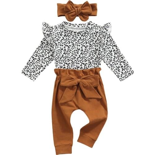 New Baby Girls 3Pcs Fall Outfits, Long Sleeve Leopard Ruffle Romper + Bow Tie Pants + Headband Set