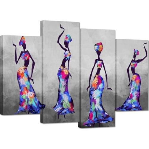 No Framed 4 Pcs African American Dancing Girl Wall Art Canvas Posters Pictures Paintings Home Decor for Living Room Decoration