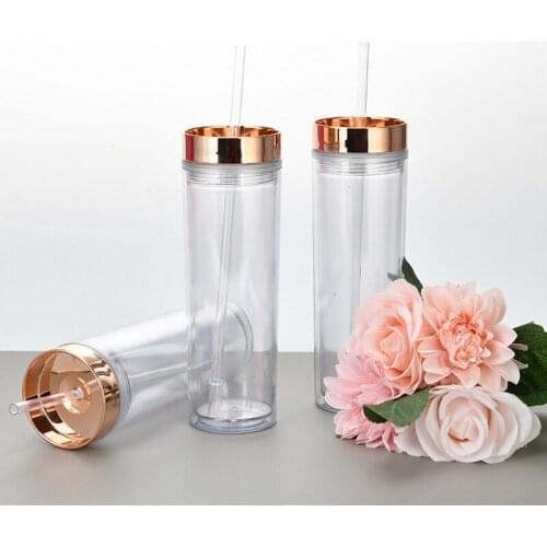 50pcs/Lot 16oz Acrylic Skinny Tumbler With Lid Straws Plastic Double Wall Milk Coffee Cups Clear Slim Cup For Travel 7 Colors