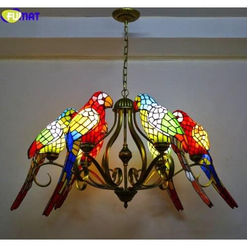 FUMAT Tiffany Style Parrot Lampshade Pendant Lamp Multi Stained Glass Classical Hanging Light Fixture Art Decorative Lighting