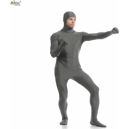 Ainclu Mens Spandex Nylon Zentai Gray Body Second Skin Tight All-inclusive Open Face Dancewear Costume Hallween Bodysuit