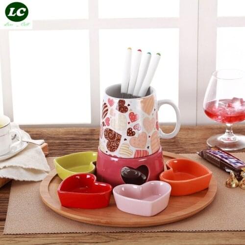 Free shipping fruit tool fondue pot set Ceramic chocolate cooking pot icecream chafing dish cheese hotpot with gold round