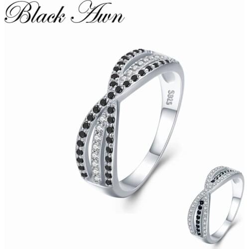 [BLACK AWN] Classic 2.4g 925 Sterling Silver Fine Jewelry Bague Round Black Spinel Engagement Rings for Women Bijoux C442