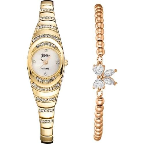2021 Luxury Women Rose Gold Watch Fashion Ladies Quartz Diamond Wristwatch Female Bracelet Watched 2pcs Set Reloj Mujer