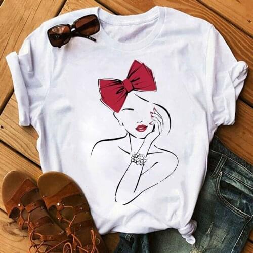Red Bow Girl Printed T Shirt New Women Fashion T Shirt Famale Casual Short Sleeve Tops 90s Girls line art Cute Graphic Tee Shirt