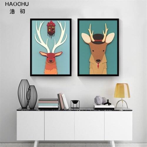 HAOCHU Nordic Modern cartoon Animals Elk Bird Bear fox owl Canvas Wall Paintings Home kids room School Cafe Bar Decor