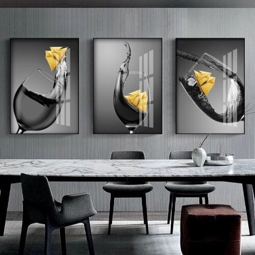 Exquisite Wine Glass Golden Boat Nordic Canvas Anime Poster Modern Kitchen Room Decor Aesthetic Champagne Wall Art Painting