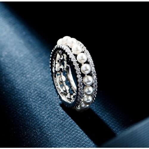 S925 Sterling Silver Ring Hollow Double Circles Exquisite Micro Pave CZ Crystals Pearl Rings For Women INS Jewelry