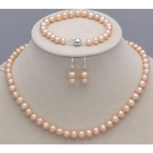 New hot Genuine 6-7mm Natural Pink Freshwater Pearl Necklace Bracelet Hook Earrings Set