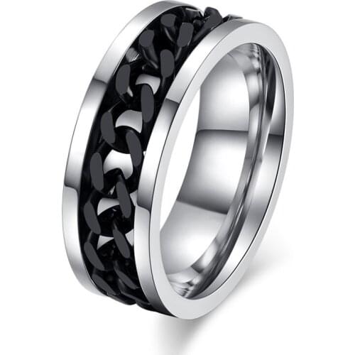 Cool Silver color rings for women handmade jewelry black Rotatable chain ring men