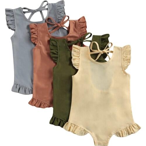 Toddlers Baby Girl Kids Swimwear Solid Color O-Neck Ruffle Fly Sleeve Swimsuit Children Lace-up Backless Bikini 1-6 Years