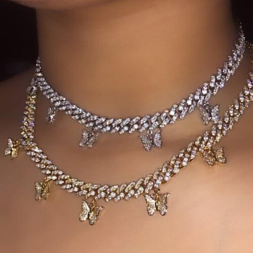 Ice Out Punk Crystal Miami Cuban Butterfly Dollar Choker Necklace For Women Men Gold Silver Color Shine Rhinestones Jewelry Gift