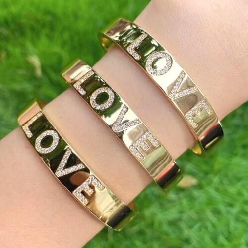 Metal cz pave gold Letter bangle cuff custom flat wide bracelet gift for girl friend friendship luckey fashion