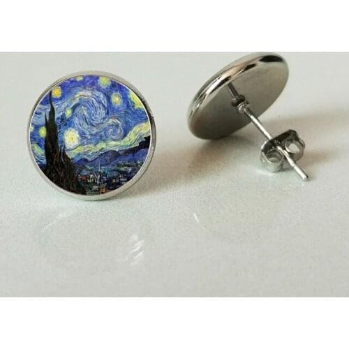 XHDB Fashion Simple Style Earings Van Gogh Famous Artist Starry Night Stud Earrings Glass Cabochon Jewelry Women Gifts