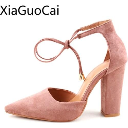 Cross-tied Fashion Women Thick Heels Pumps Square Heels Suede Lace-up Pumps for Ladies Flock High Heel Shoes W15 35