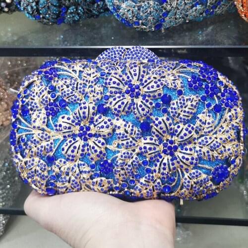 2021 New Gold Metal Blue Rhinestone Crystal Clutch High Quality Diamond Gemstone Clutches Wedding Purse Evening Chain Handbags